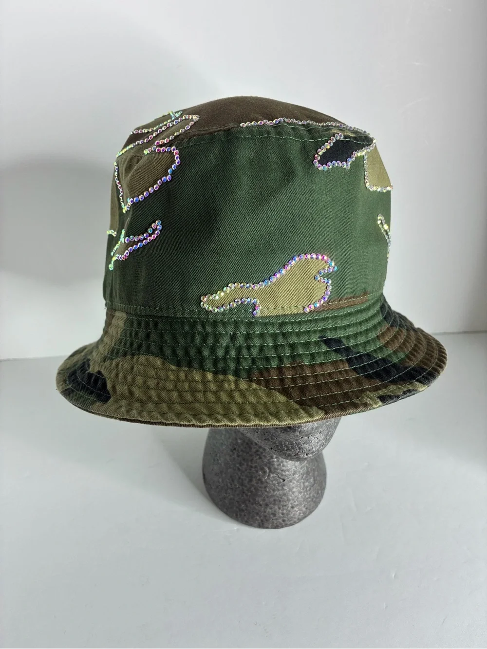 Custom Rhinestone Camouflage Bucket Hat - Green